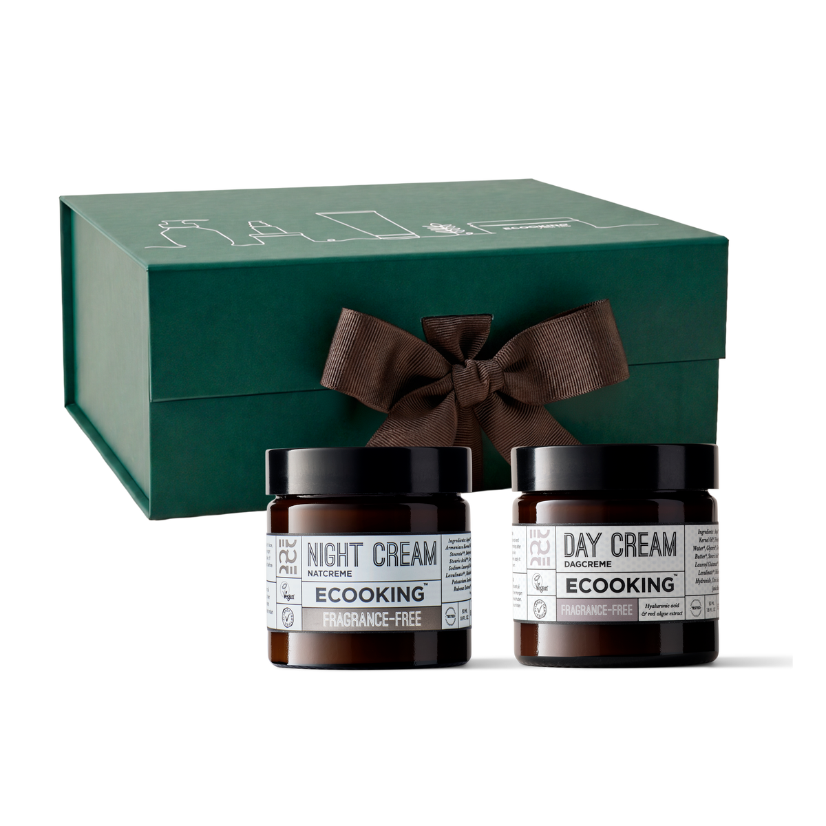 Gavesæt til hende 50 år: Dag- & natcreme, Dagcreme parfumefri 50 ml og Natcreme parfumefri 50 ml i grøn gaveæske fra ECOOKING