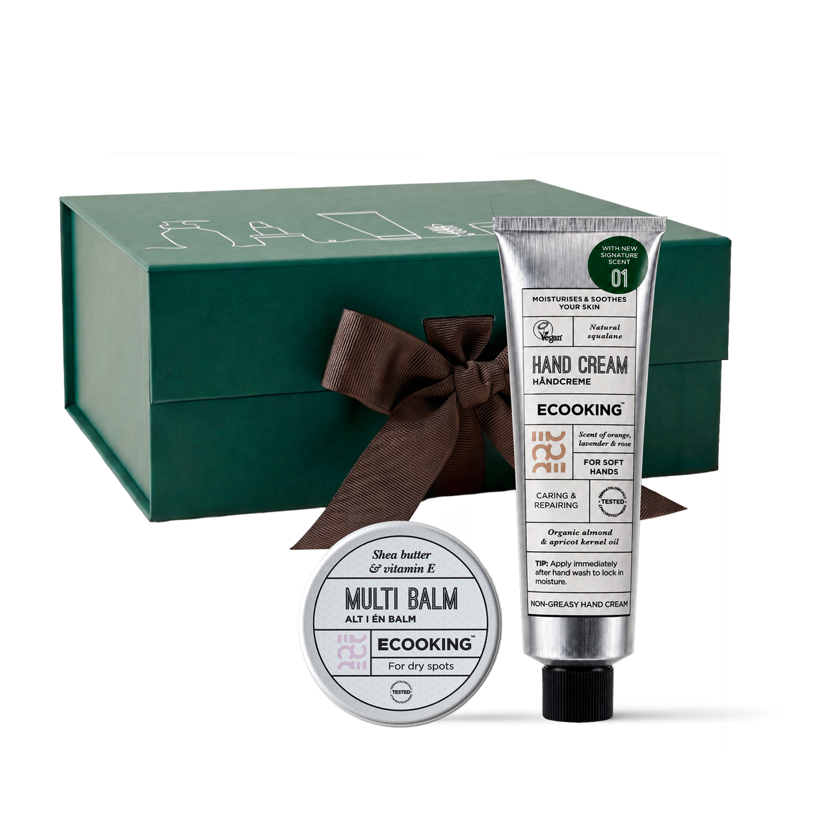 Gavesæt til hende: Håndcreme & balm, Håndcreme 75 ml og Alt-i-én Balm 30 ml i grøn gaveæske fra ECOOKING