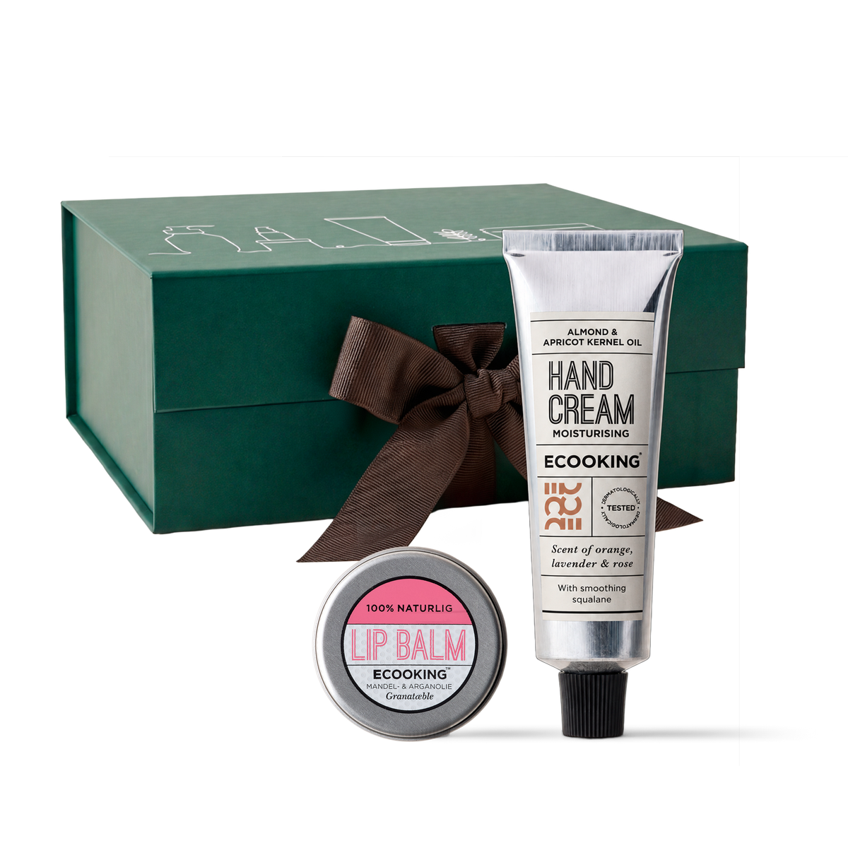 Gavesæt til læreren: Håndcreme & læbepomade, Håndcreme 30 ml og Læbepomade Granatæble 15 ml i grøn gaveæske fra ECOOKING