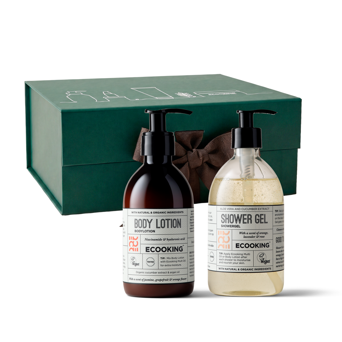 Gavesæt til parret: Showergel & bodylotion, Showergel 500 ml og Bodylotion 300 ml i grøn gaveæske fra ECOOKING