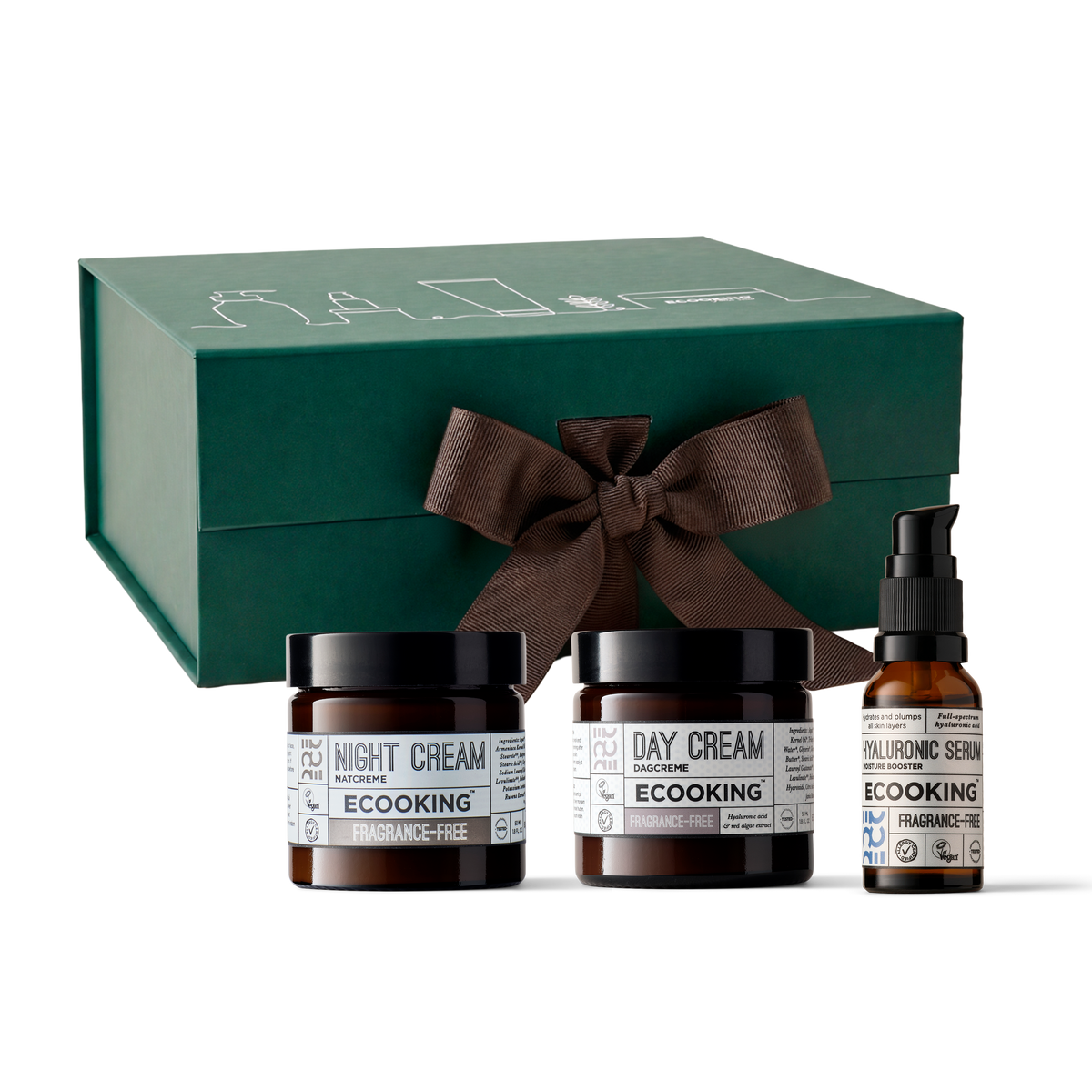 Julegavesæt til hende: Dag-, natcreme & serum, Dagcreme parfumefri 50 ml, Natcreme parfumefri 50 ml og Hyaluronsyre Serum 20 ml i grøn gaveæske fra ECOOKING