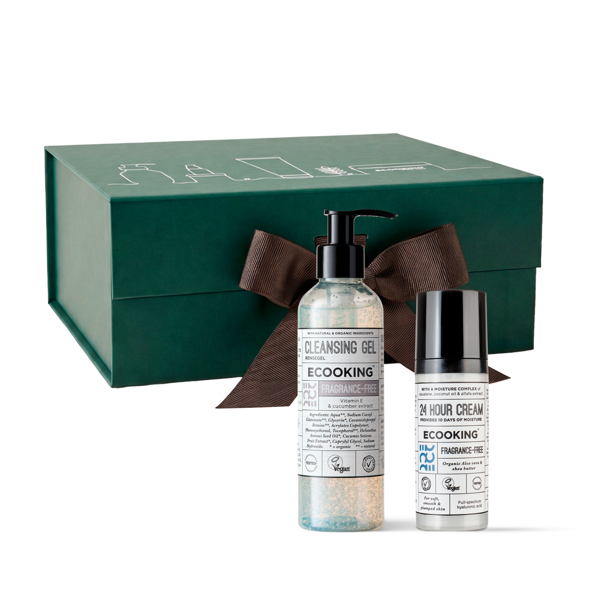 Julegavesæt til mor: Rens & fugtcreme, Rensegel parfumefri 200 ml og 24 Timers Creme parfumefri 50 ml i grøn gaveæske fra ECOOKING