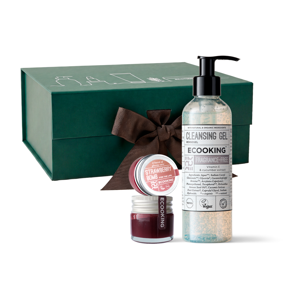 Studentergavesæt til hende: Rens & læbepomader, Rensegel parfumefri 200 ml, Læbepomade Strawberry Bomb 15 ml og Læbepomade Black Cherry Bomb 15 ml i grøn gaveæske fra ECOOKING