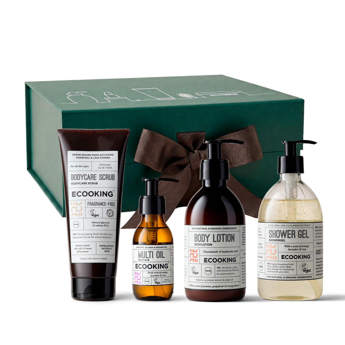 Valentinsgavesæt til hende: Scrub, showergel, olie & lotion, Showergel 500 ml, Bodylotion 300 ml, Multi Olie 100 ml og Bodyscrub 200 ml i grøn gaveæske fra ECOOKING